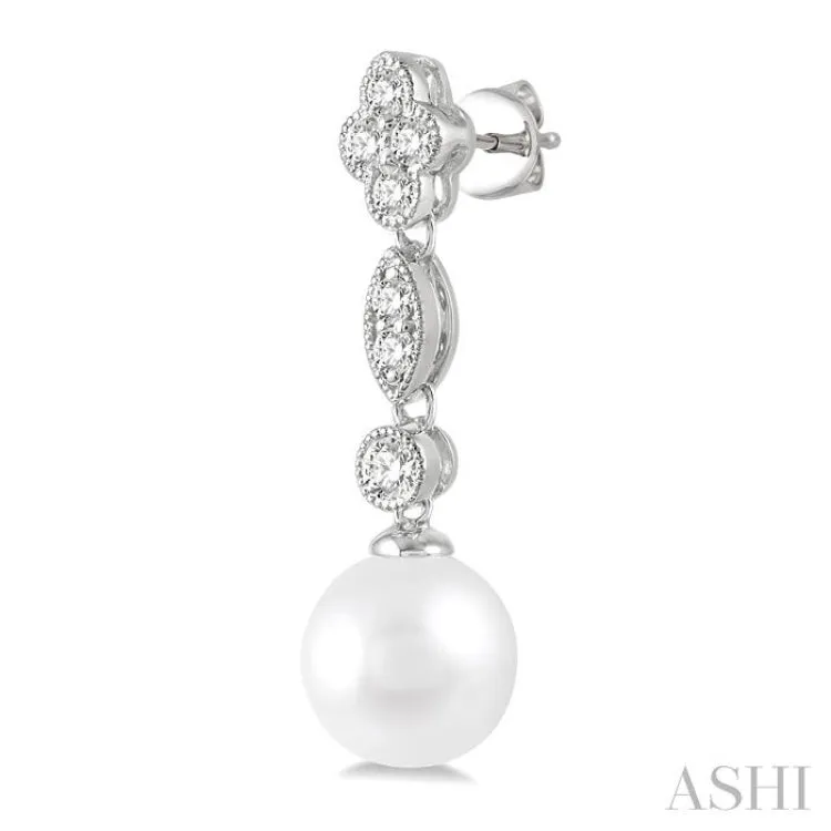 1/3 ctw 7X7MM Pearl and Round Cut Diamond Drop Earrings in 14K White Gold