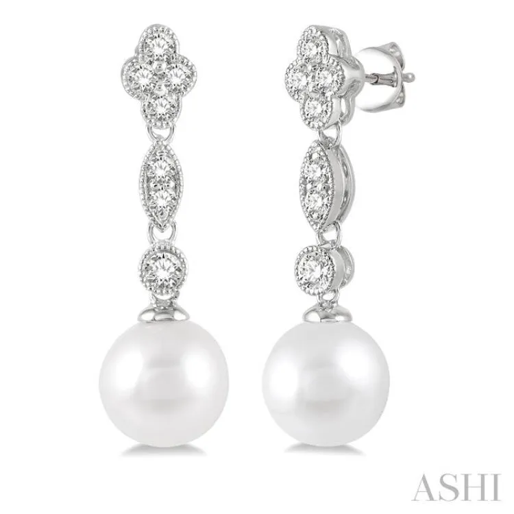 1/3 ctw 7X7MM Pearl and Round Cut Diamond Drop Earrings in 14K White Gold