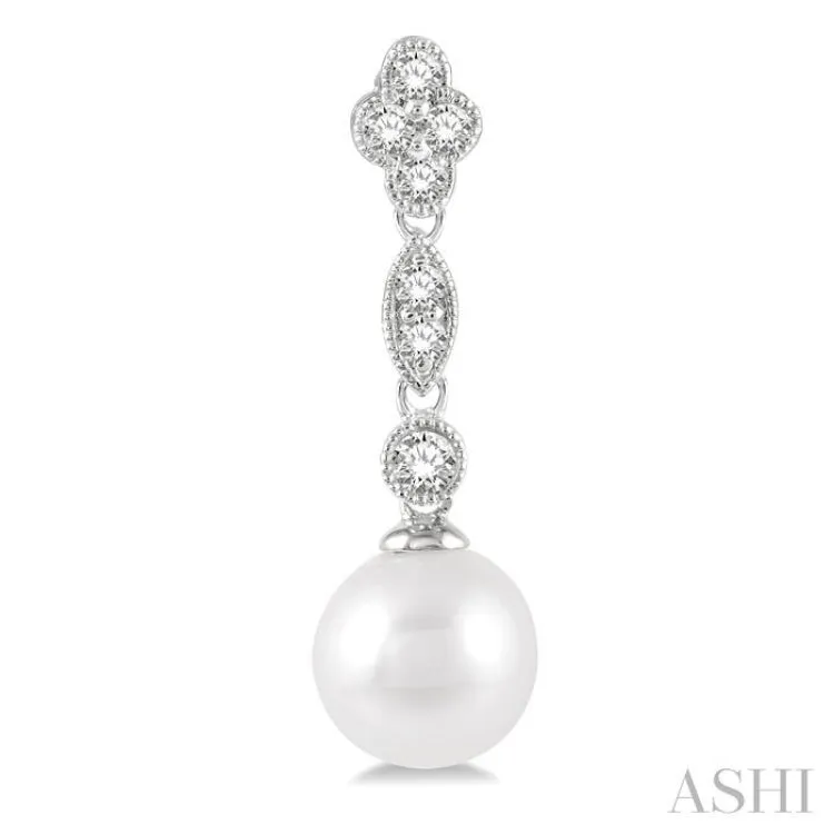 1/3 ctw 7X7MM Pearl and Round Cut Diamond Drop Earrings in 14K White Gold