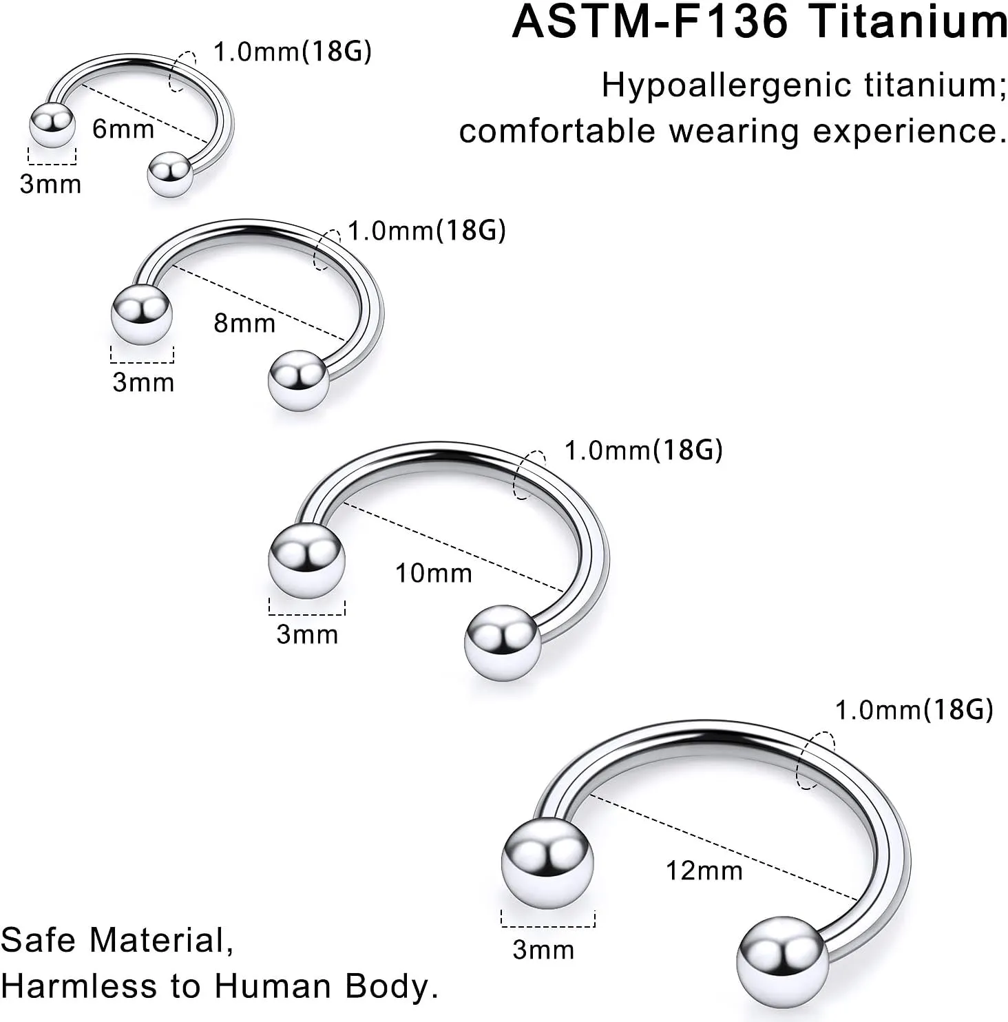 20G 18G 16G 14G 12G ASTM F136 Titanium Horseshoe Septum Nose Ring Piercing Jewelry Circular Barbell Helix Snug Tragus Rook Daith Cartilage Earring Lip Ring Hoop Piercing Jewelry for Women Men