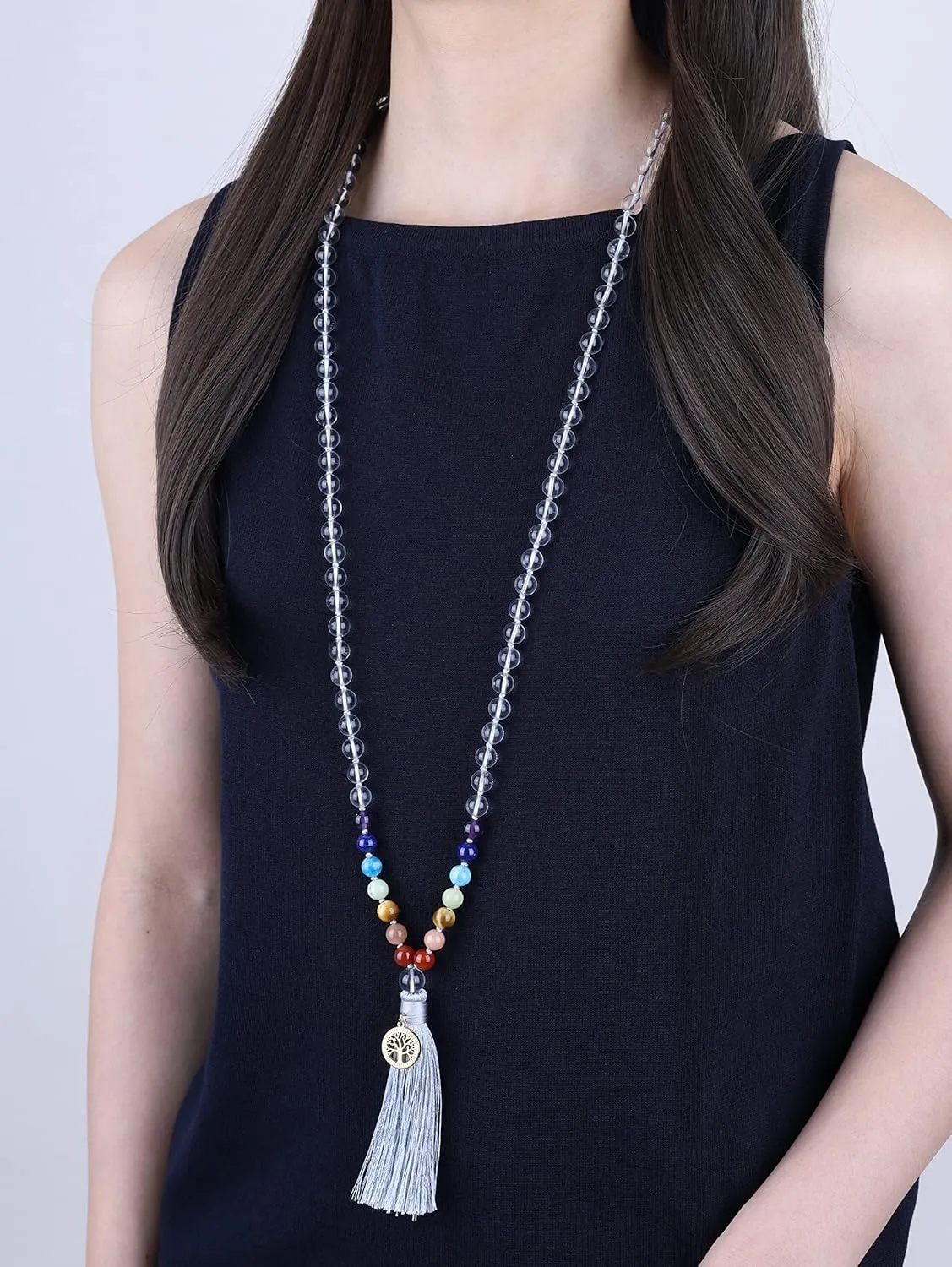 COAI Hand Knotted Tassel 108 Mala Beads Stone Beaded Necklace for Yoga Meditation