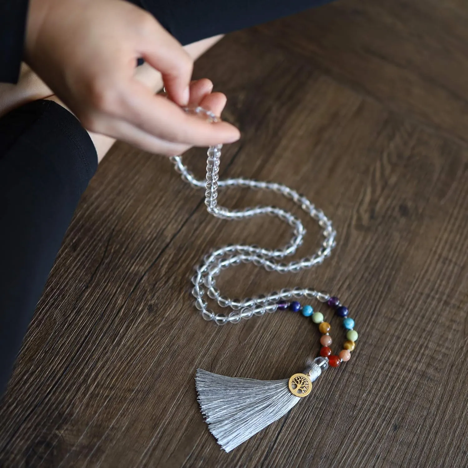 COAI Hand Knotted Tassel 108 Mala Beads Stone Beaded Necklace for Yoga Meditation
