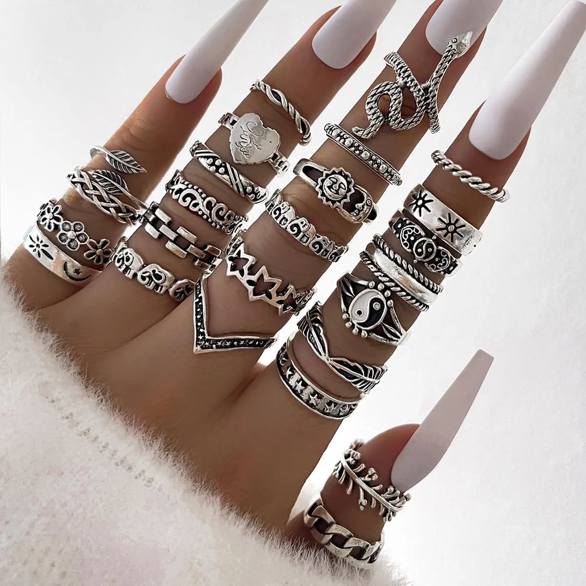 Gothic Knuckle Rings Set for Women, Black Silver Stackable Rings, Vintage Snake Joint Finger Stacking, Boho Y2K Punk Goth Grunge Aesthetic Style Jewelry Accessories
