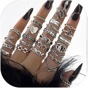 Gothic Knuckle Rings Set for Women, Black Silver Stackable Rings, Vintage Snake Joint Finger Stacking, Boho Y2K Punk Goth Grunge Aesthetic Style Jewelry Accessories