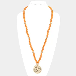 iLLASPARKZ Hammered Metal Round Pendant Wood Beaded Long Necklace