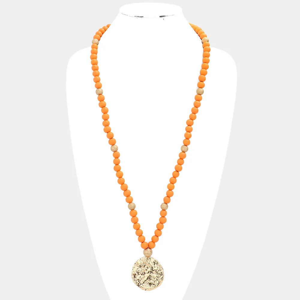 iLLASPARKZ Hammered Metal Round Pendant Wood Beaded Long Necklace