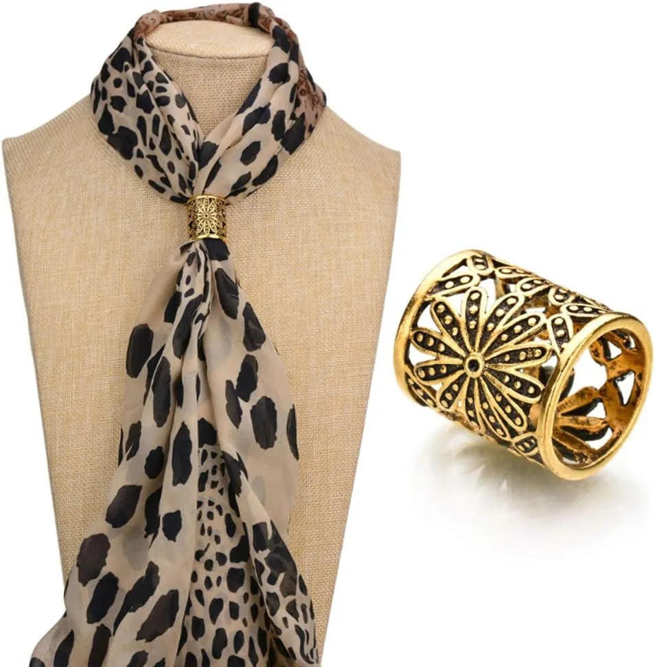 Joyci 3pcs Retro Women's Scarf Ring Clip Slide in Gold Silver Tone Metal Antiqued Hollow Tube Chiffon Buckle
