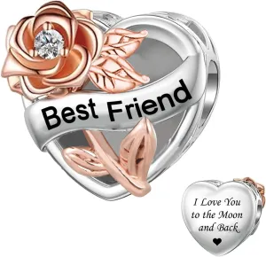 KunBead Rose Family I Love You to the Moon and Back Birthday Heart Love Bead Charms Compatible with Pandora Bracelet for Auntie Friend Sister Mom Daughter Nana Granddaughter Wife