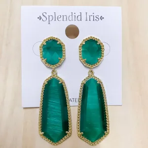 Long Double Drop Stone Stud Earrings Teal