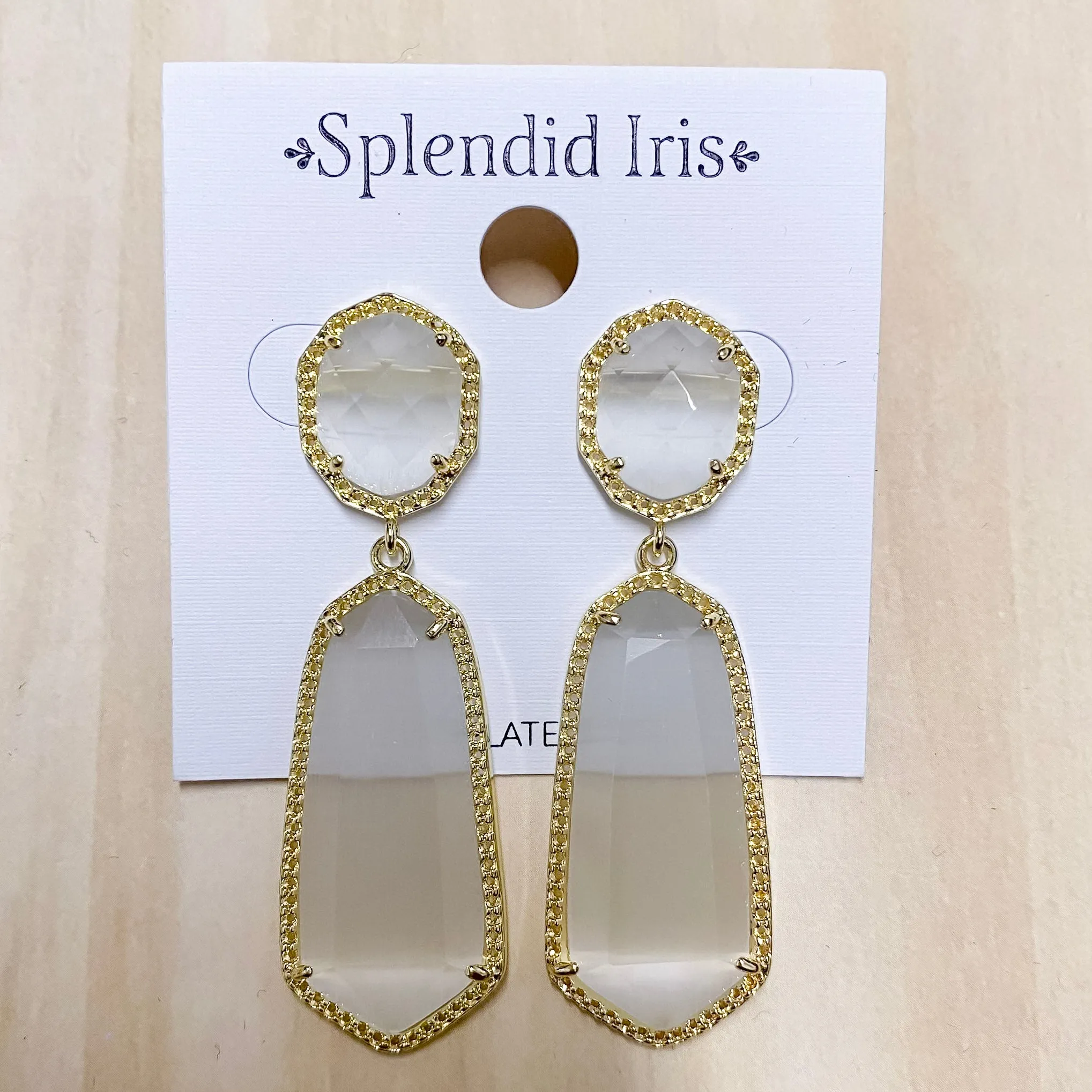 Long Double Drop Stone Stud Earrings White