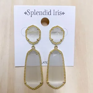Long Double Drop Stone Stud Earrings White
