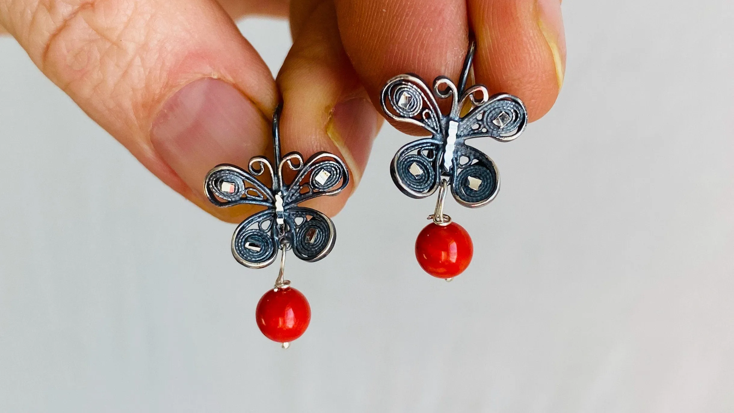 Oaxacan Filigree Earrings. Coral & Silver. Butterflies. Mexico. Frida Kahlo. 0242