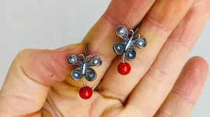 Oaxacan Filigree Earrings. Coral & Silver. Butterflies. Mexico. Frida Kahlo. 0242