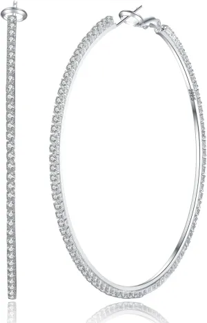 PABBEU 2mm 925 Sterling Silver Earrings Big Sterling Silver Hoop Earrings for Women Large Rhinestone Hoop Earrings Thin Hypoallergenic Cubic Zirconia Earrings for Women 30/40/50/60/70mm