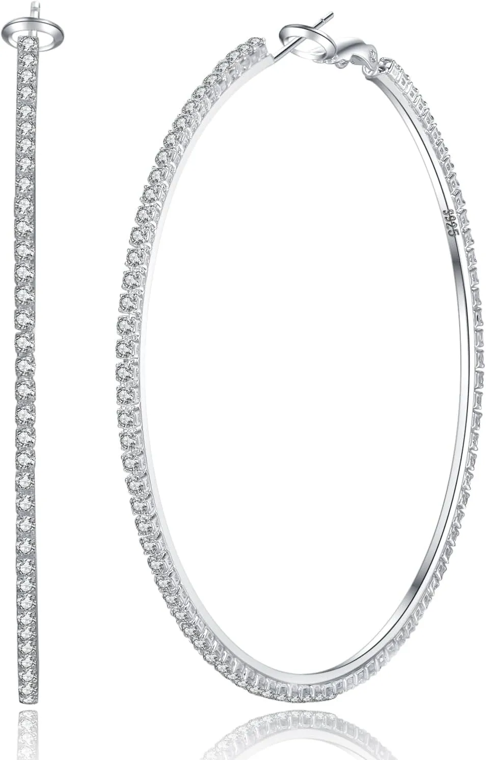 PABBEU 2mm 925 Sterling Silver Earrings Big Sterling Silver Hoop Earrings for Women Large Rhinestone Hoop Earrings Thin Hypoallergenic Cubic Zirconia Earrings for Women 30/40/50/60/70mm