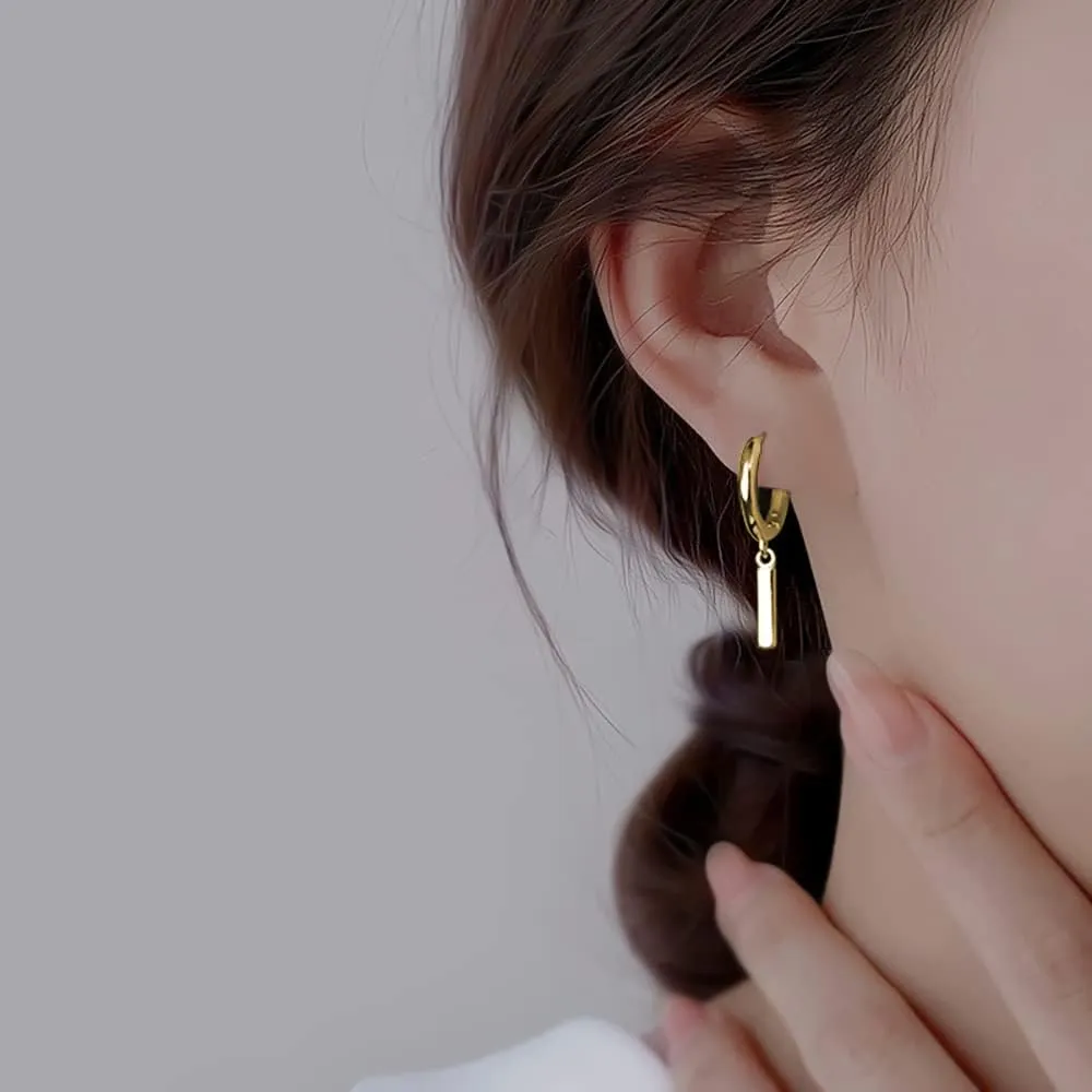 Reffeer Solid 925 Sterling Silver Bar Drop Hoop Earrings for Women Teens Minimalist Bar Hoop Earrings Huggie