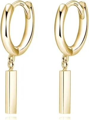 Reffeer Solid 925 Sterling Silver Bar Drop Hoop Earrings for Women Teens Minimalist Bar Hoop Earrings Huggie