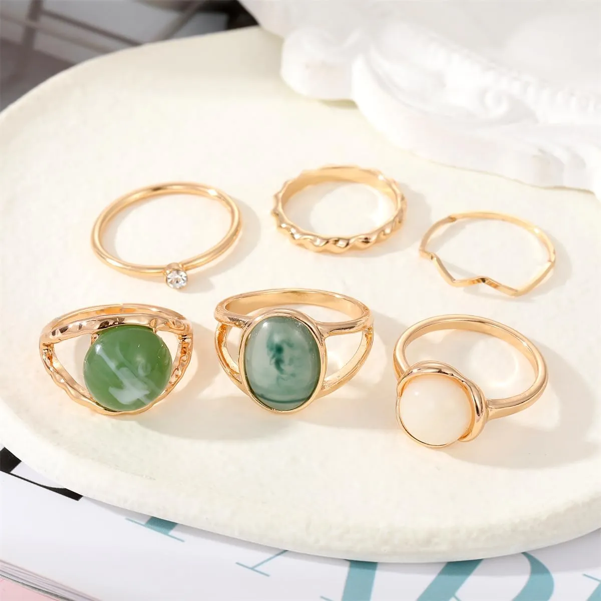 Rrdaily Boho Knuckle Ring Sets for Women,Gold Green Gem Stackable Rings Vintage Green Knuckle Gems Rings Good Luck Midi Finger Rings Aesthetic Statement Thumb Rings Set Jewelry Gifts