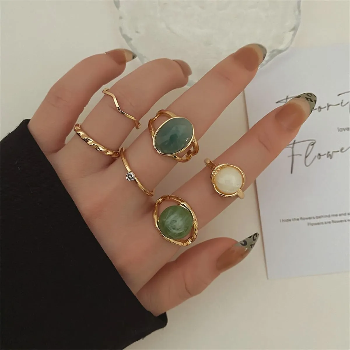 Rrdaily Boho Knuckle Ring Sets for Women,Gold Green Gem Stackable Rings Vintage Green Knuckle Gems Rings Good Luck Midi Finger Rings Aesthetic Statement Thumb Rings Set Jewelry Gifts