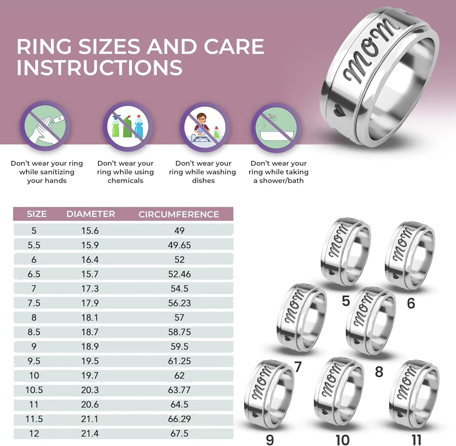 Shop LC 925 Sterling Silver Mom Spinner Ring Statement Boho Handmade Unique Jewelry for Men Women Anxiety Stress Reliving Ring Birthday Gifts for Women