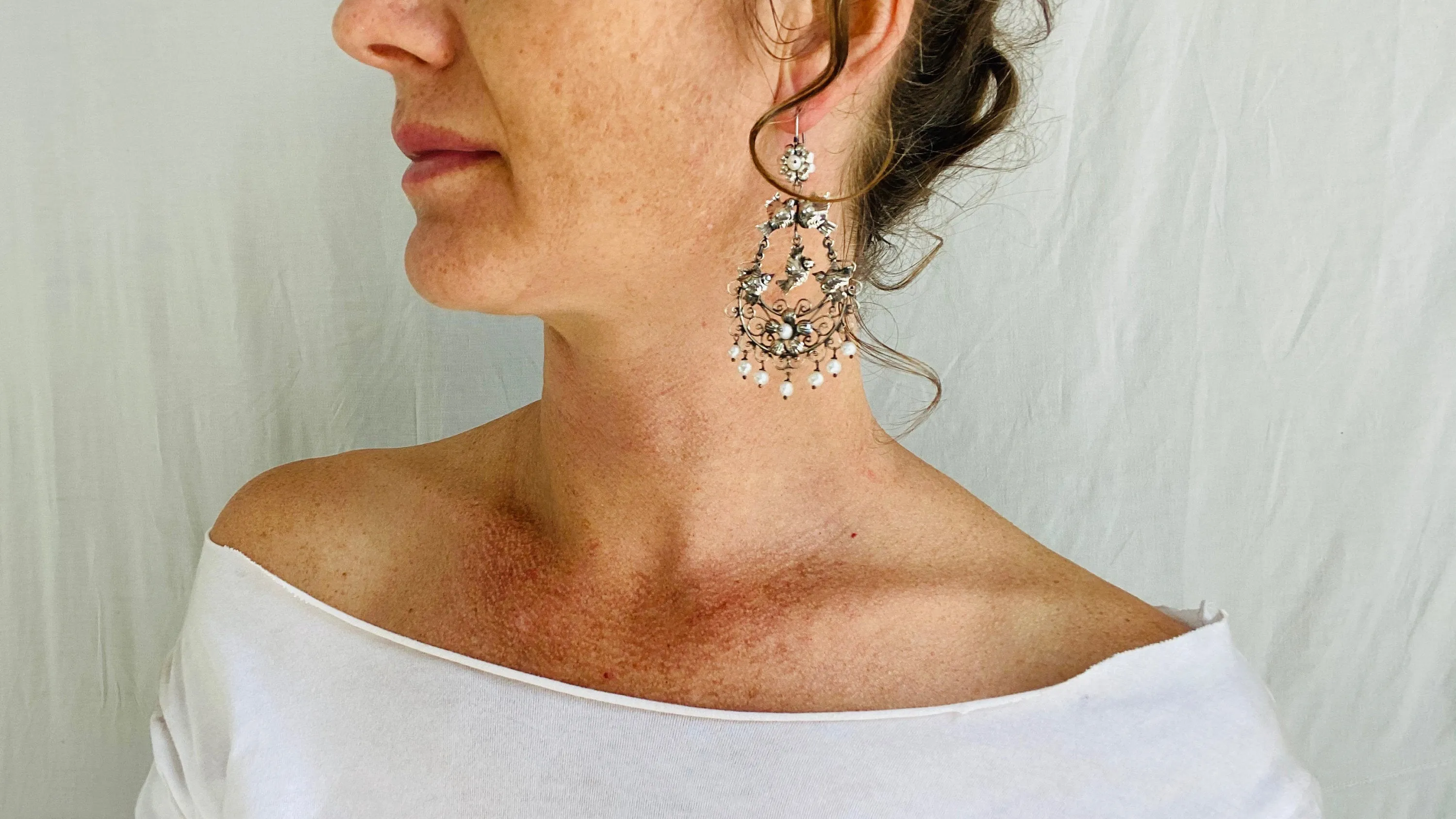 Taxco Filigree Aracada Earrings. Sterling Silver & Pearl. Mexico. Frida Kahlo