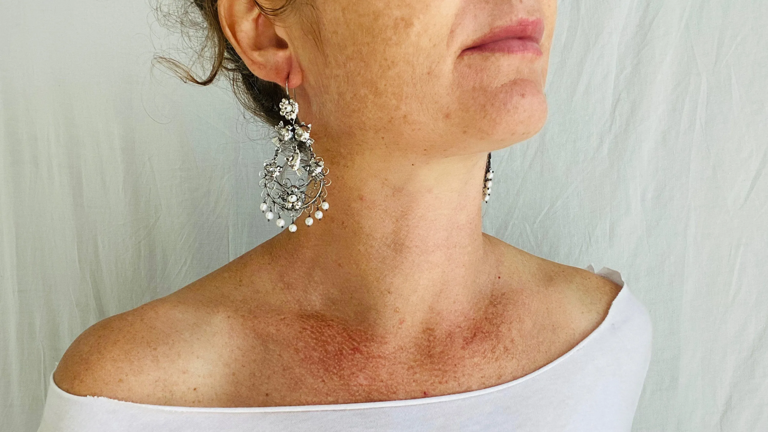 Taxco Filigree Aracada Earrings. Sterling Silver & Pearl. Mexico. Frida Kahlo