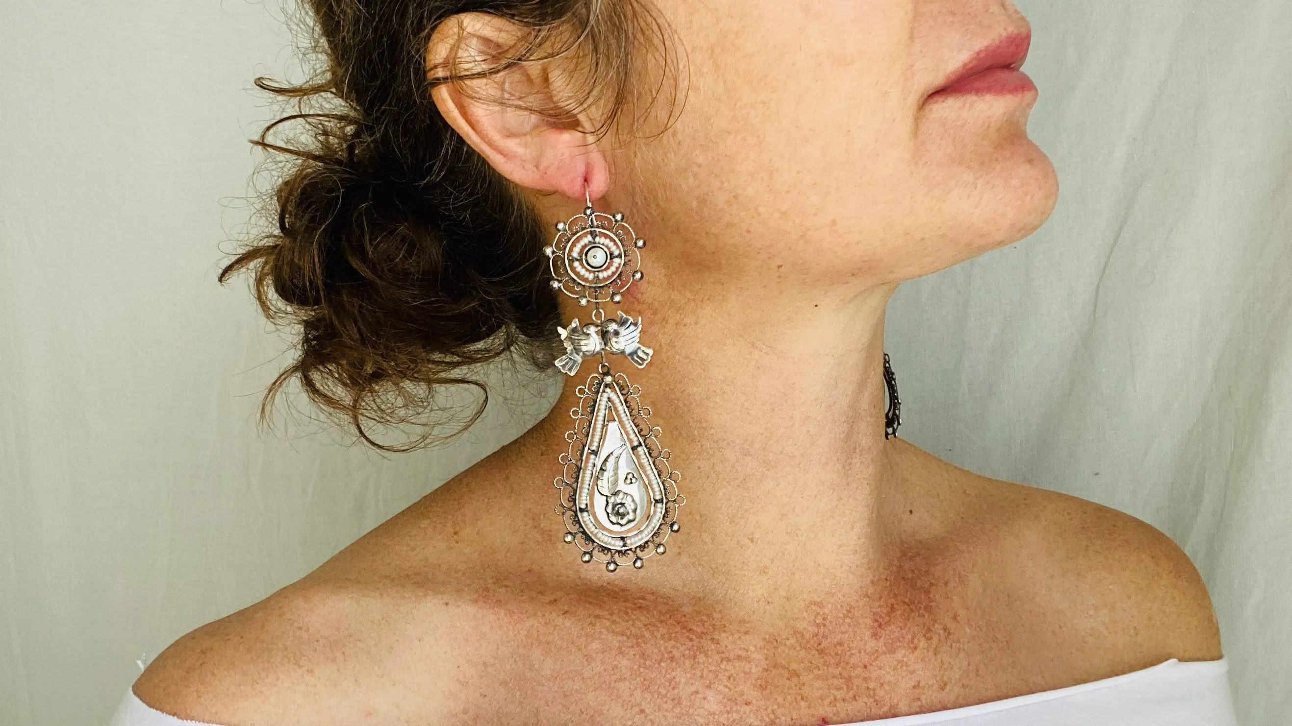 Taxco Filigree Earrings. Sterling Silver & Pearl. Mexico. Frida Kahlo