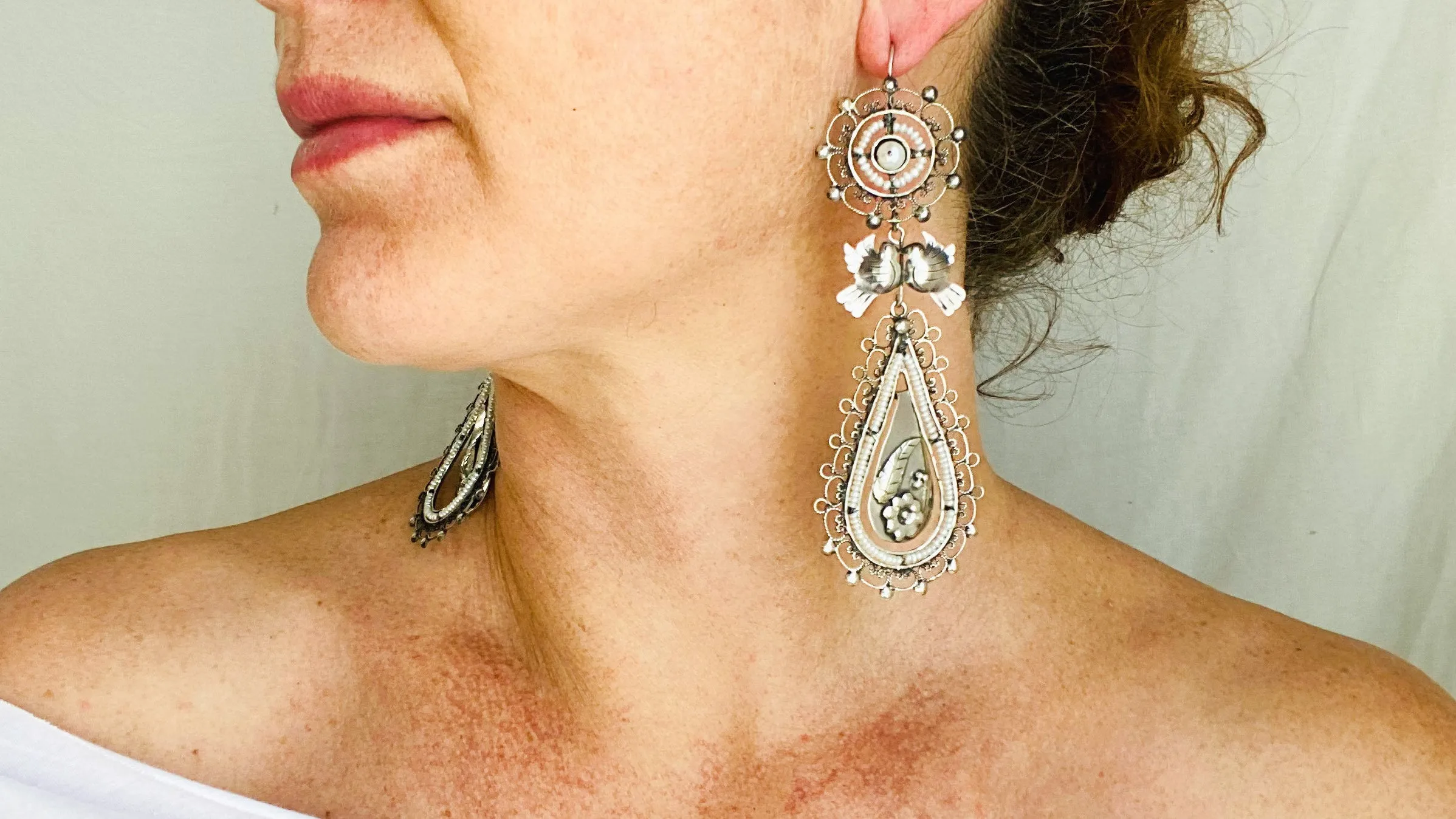 Taxco Filigree Earrings. Sterling Silver & Pearl. Mexico. Frida Kahlo