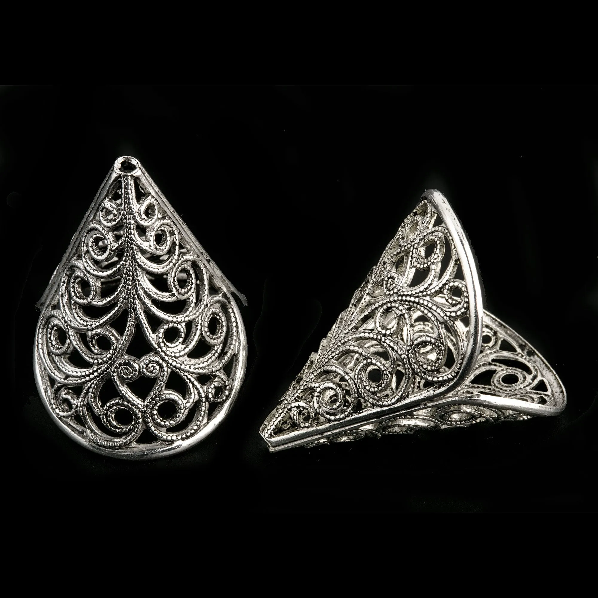 Vintage sterling silver plated brass filigree cone 23x21mm 2 pcs. b9-2048-2S